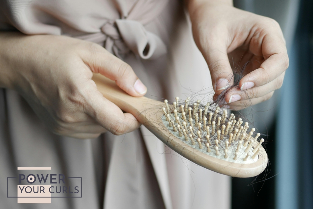 A hairbrush entangled with clumps of hair. Image caption