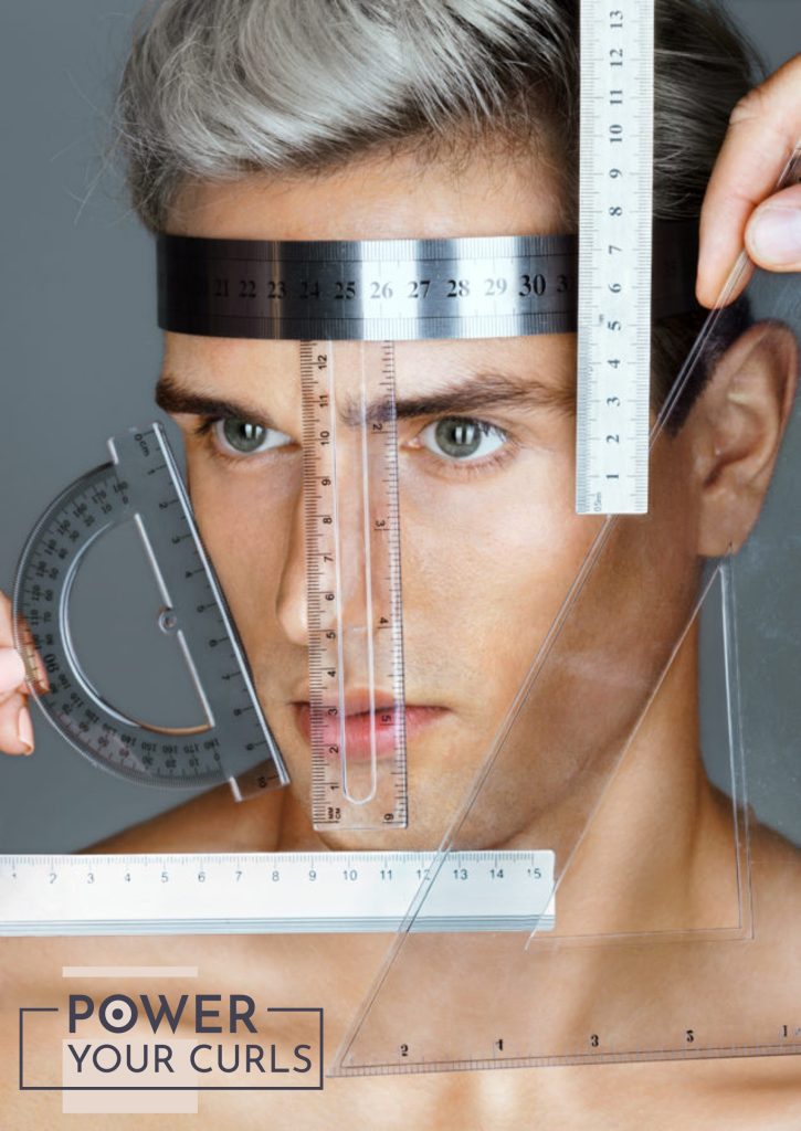 : A man’s head and face being measured with different measuring tools.