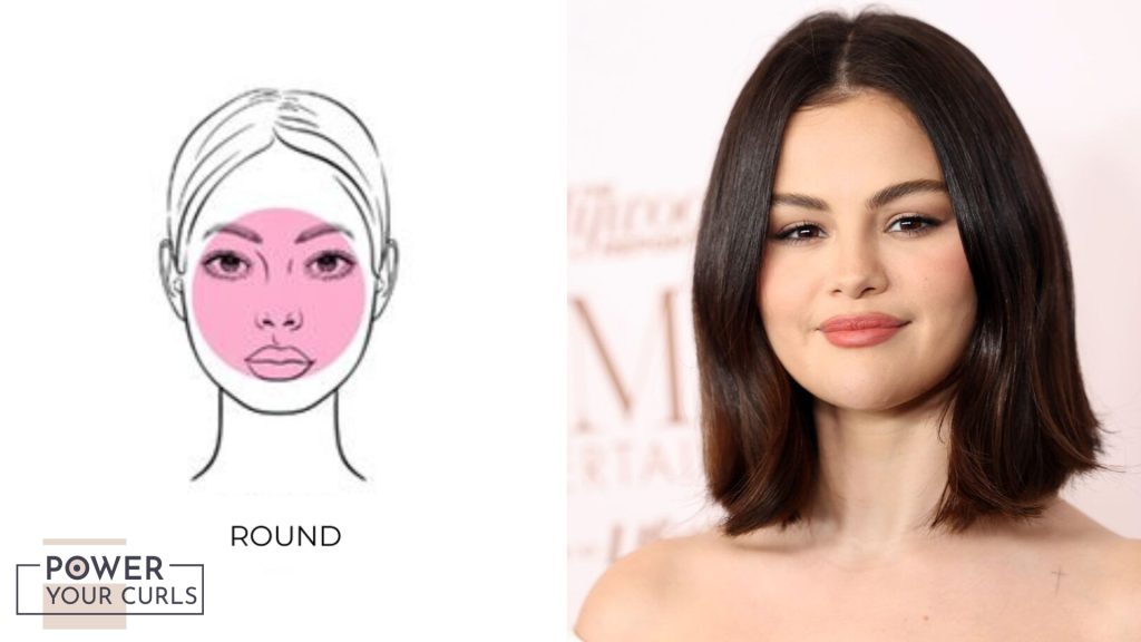 On the left is an illustration of the round face shape, and on the right is celebrity Selena Gomez who has a round face shape.