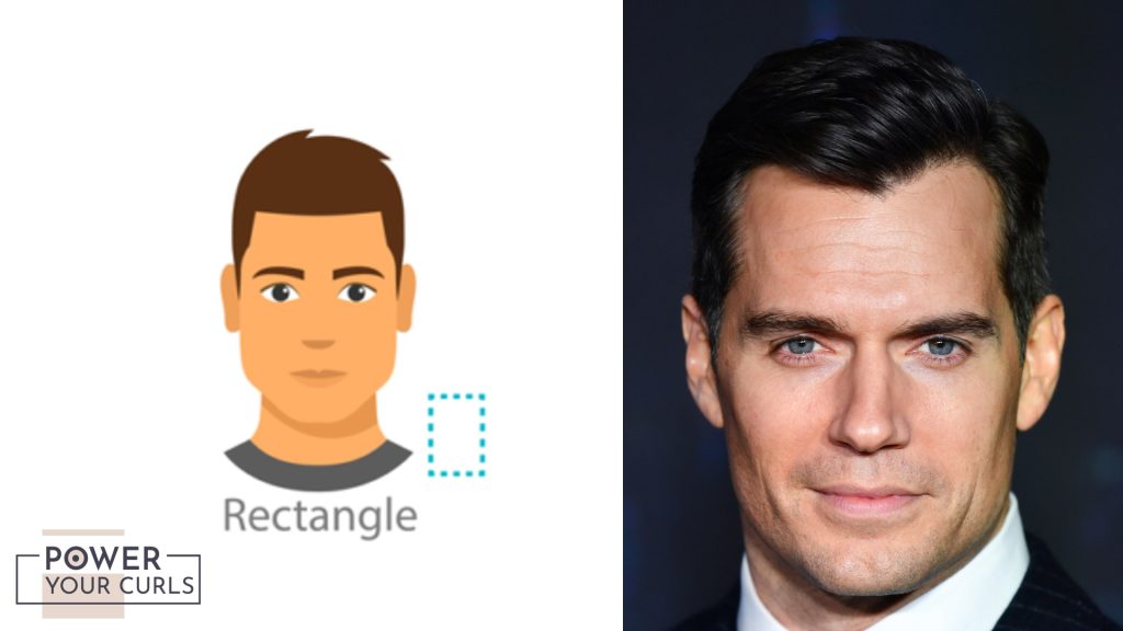 On the left is an illustration depicting the rectangle face shape, and on the right is actor Henry Cavill who has a rectangle face shape.