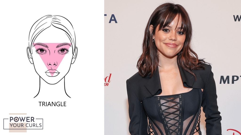On the Left is an illustration of the triangle face shape, while on the right is actress Jenna Ortega who has a triangle face shape.