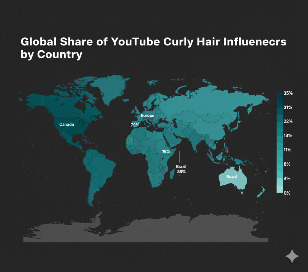 A graph of global shares of YouTube cirly hair influencers by country