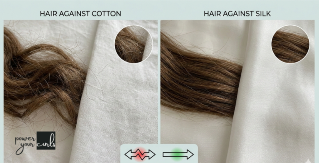 Image of two pictures side by side, the one on the left shows what curly hair looks like on cotton (rough and frizzy) with the title "hair against cotton" while the one on the right shows how curly hair is like on silk (smooth with no frizz) with the title "hair againste silk". 