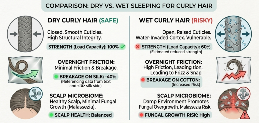 Image of a visual comparison of dry vs wet sleeping for curly hair, indicating which is safe (dry) and which is risky (wet). 
