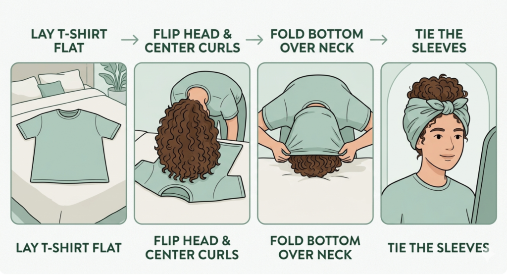 Image of the step-by-step of wrapping curly hair in a cotton t-shirt. 