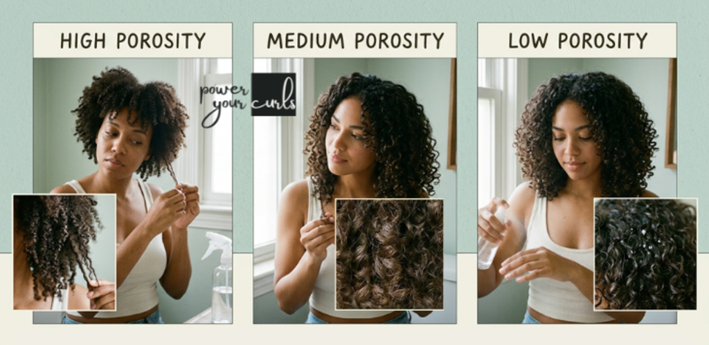 Why Is My Curly Hair Dry? Causes, Signs, and How to Fix It 3 Image comprising of three different images of three women with three different types of hair porosity: high, medium, and low
