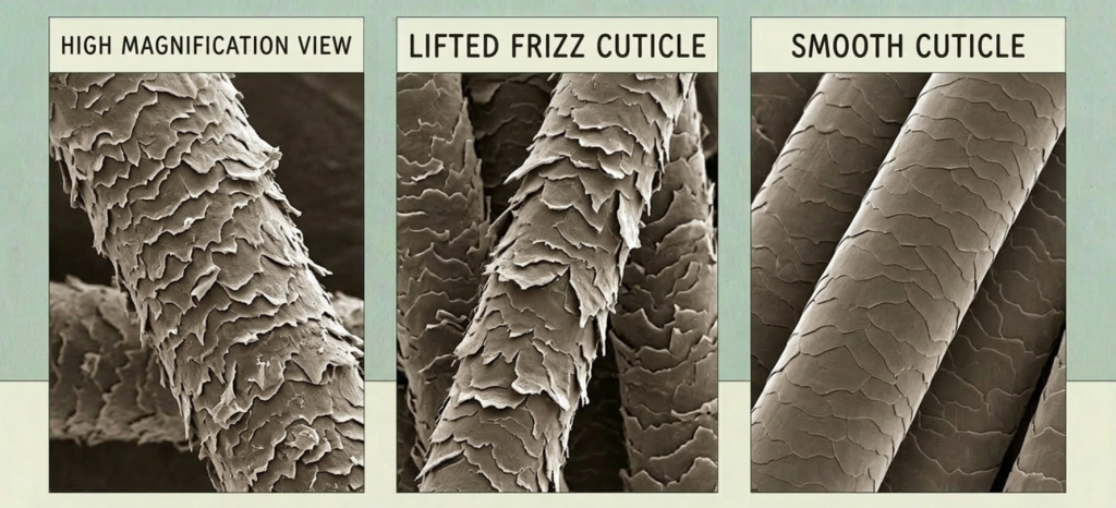 Why Is My Curly Hair Dry? Causes, Signs, and How to Fix It 4 Image comprising of three different images. The first one shows the high magnifiction view of hair. The other two show what a cuticle looks like with lifted frizz and helathy smoothness